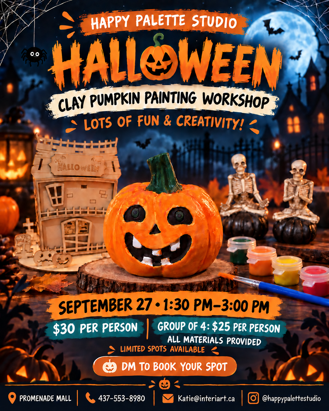 Halloween clay pumpkin painting workshop for kids at Happy Palette Studio in Thornhill